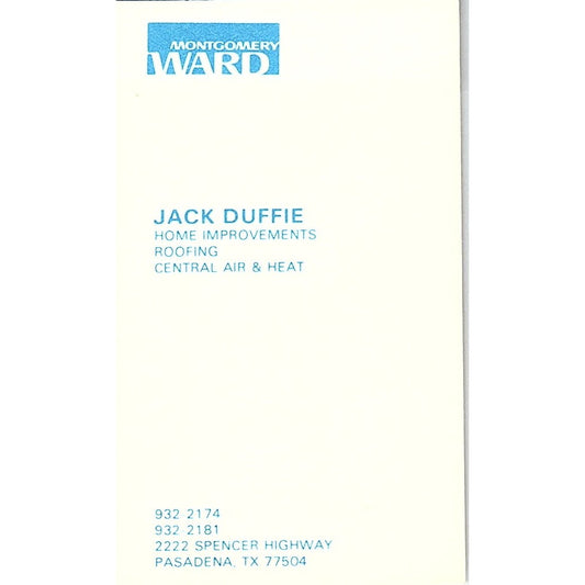 Montgomery Ward Co Jack Duffie Pasadena TX Vintage Business Card SB4-B8