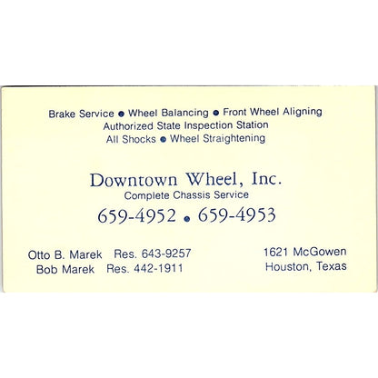 Otto & Bob Marek Downtown Wheel Inc Houston TX Vintage Business Card SE3-B14