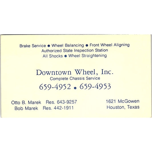 Otto & Bob Marek Downtown Wheel Inc Houston TX Vintage Business Card SE3-B14