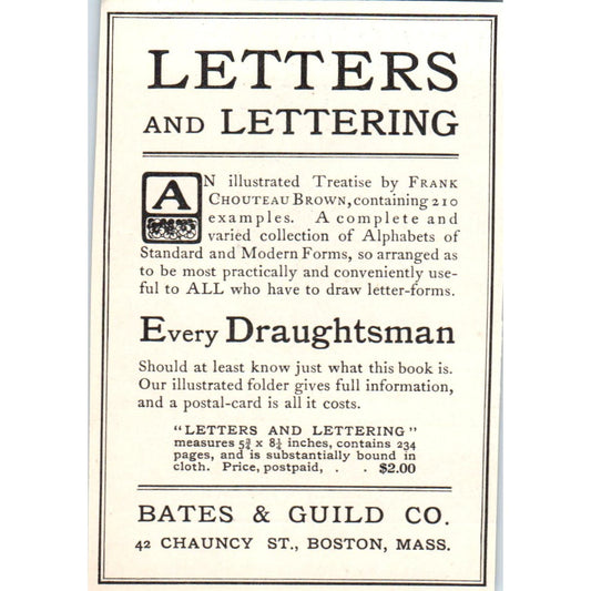 Draughtsman Letters & Lettering Bates & Guild Boston c1905 Victorian Ad AE9-MA7