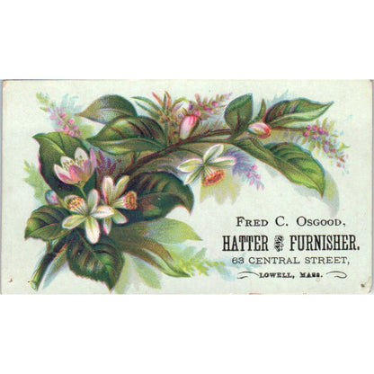 Fred C. Osgood Hatter & Furnisher Lowell MA c1880 Victorian Trade Card AE5