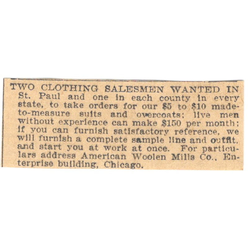 American Woolen Mills Co Chicago Salesmen Wanted 1898 Newspaper Ad AF2-S6