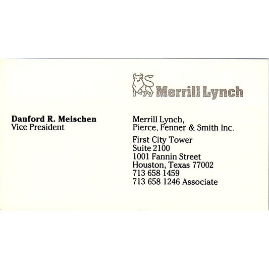 Merrill Lynch Pierce Fenner, Meischen Houston Texas Vintage Business Card SB4-B1