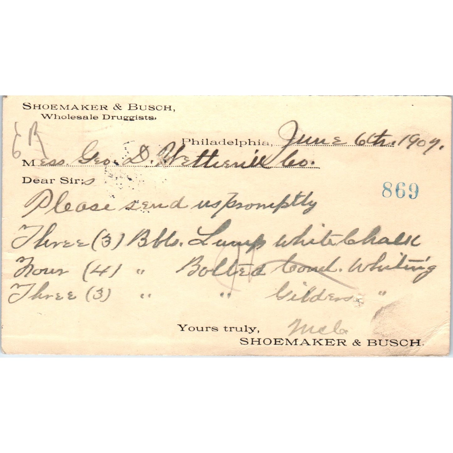 1907 Shoemaker & Busch Wholesale Druggists Philadelphia Postal Mailing Card PE4