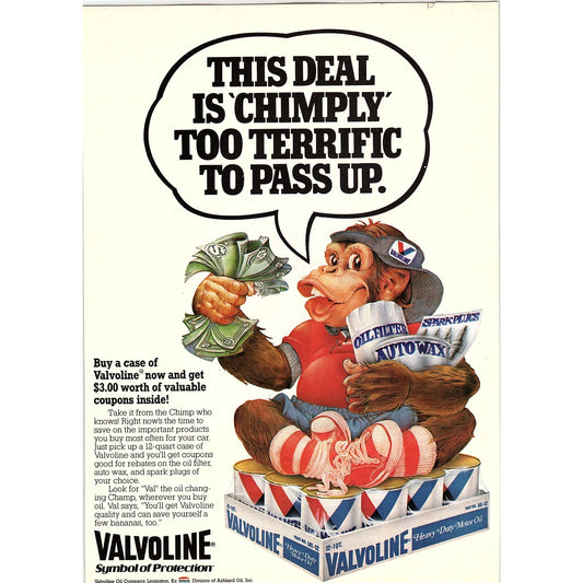 Valvoline Oil Val the Chimp 1984 Ad AF8-5
