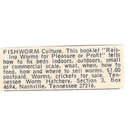 Tennessee Worm Hatchery Fishworms Nashville TN 1977 Ad AF6-S8