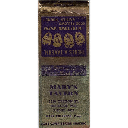 Mary's Tavern Mary Kollross Oshkosh WI Vintage Matchbook Cover SC7-Y2