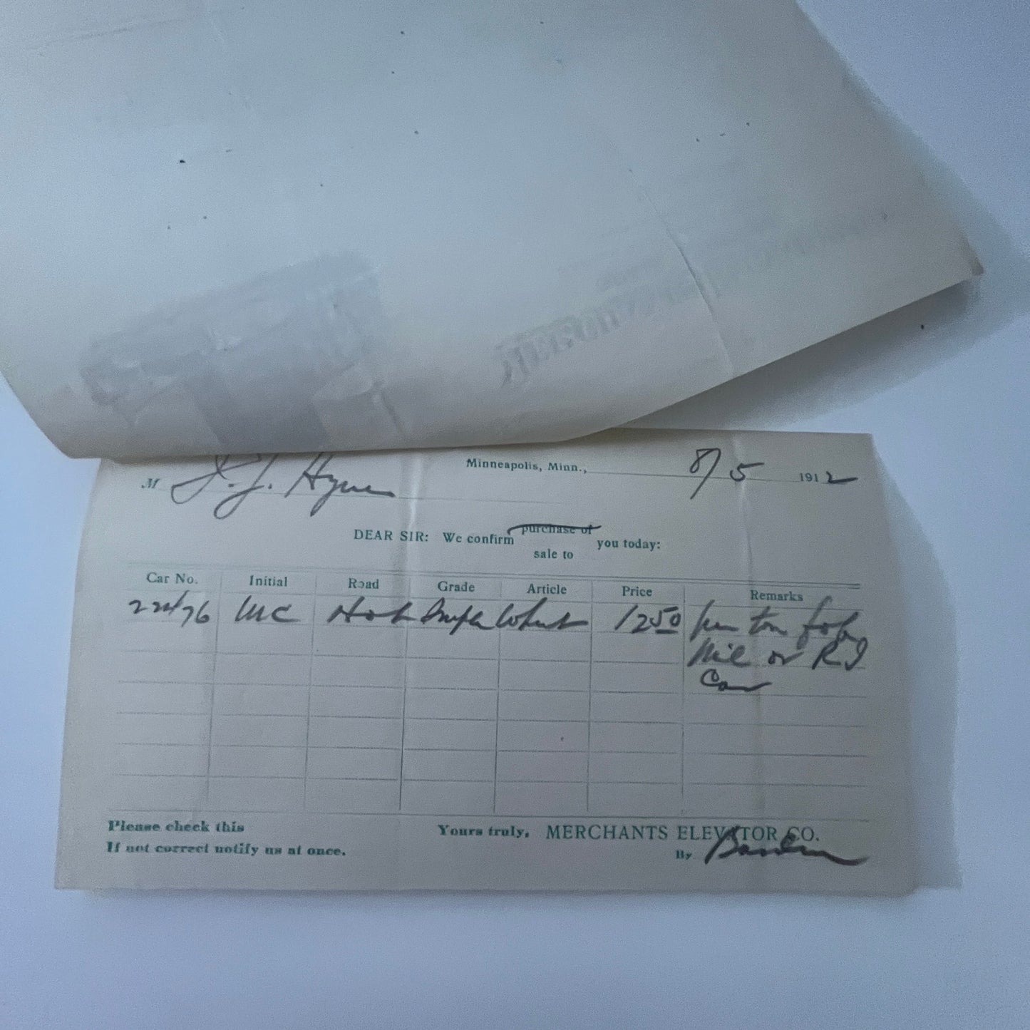 1912 Merchants Elevator Co Grain Shippers Minneapolis MN Letterhead & Stub K1