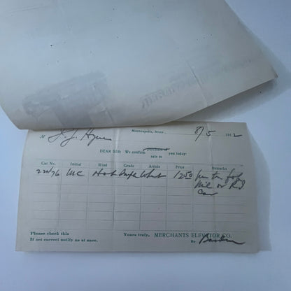 1912 Merchants Elevator Co Grain Shippers Minneapolis MN Letterhead & Stub K1