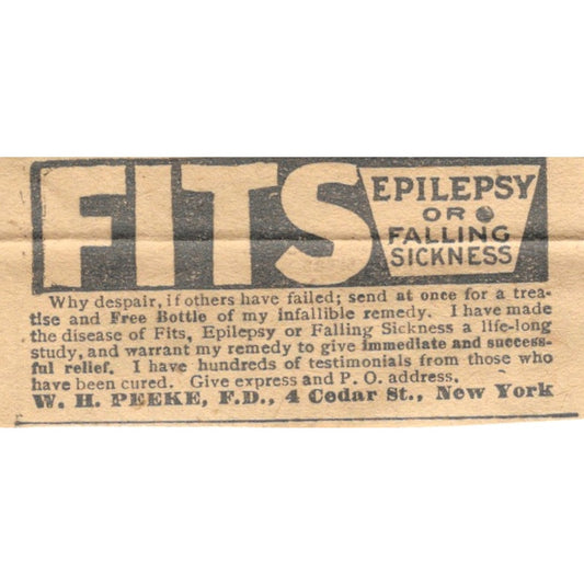 Epilepsy Remedy W.H. Peeke F.D. New York 1910 Magazine Ad AF1-SS6
