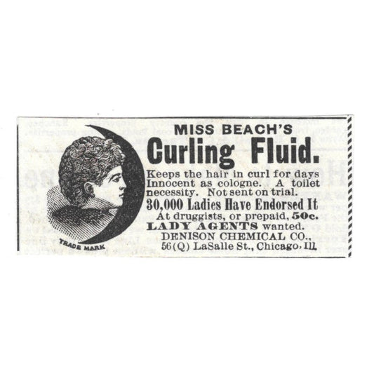 Miss Beach's Curling Fluid Denison Chemical Chicago c1890 Victorian Ad AE9-CH2