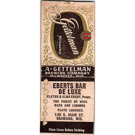 Eberts Bar De Luxe Cletus & Alma Ebert Shawano WI Vintage Matchbook Cover SF3-Y8