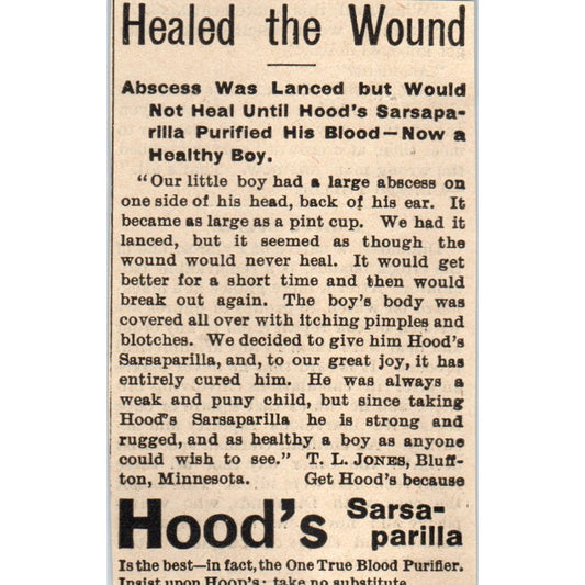 TL Jones Bluffton MN Hood's Sarsaparilla Testimonial 1898 Newspaper Clip AF7-E12