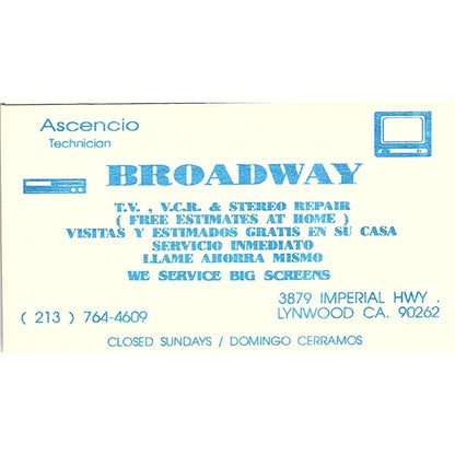 Broadway TV & Stereo Repair Lynwood CA Vintage Business Card SC9-B1
