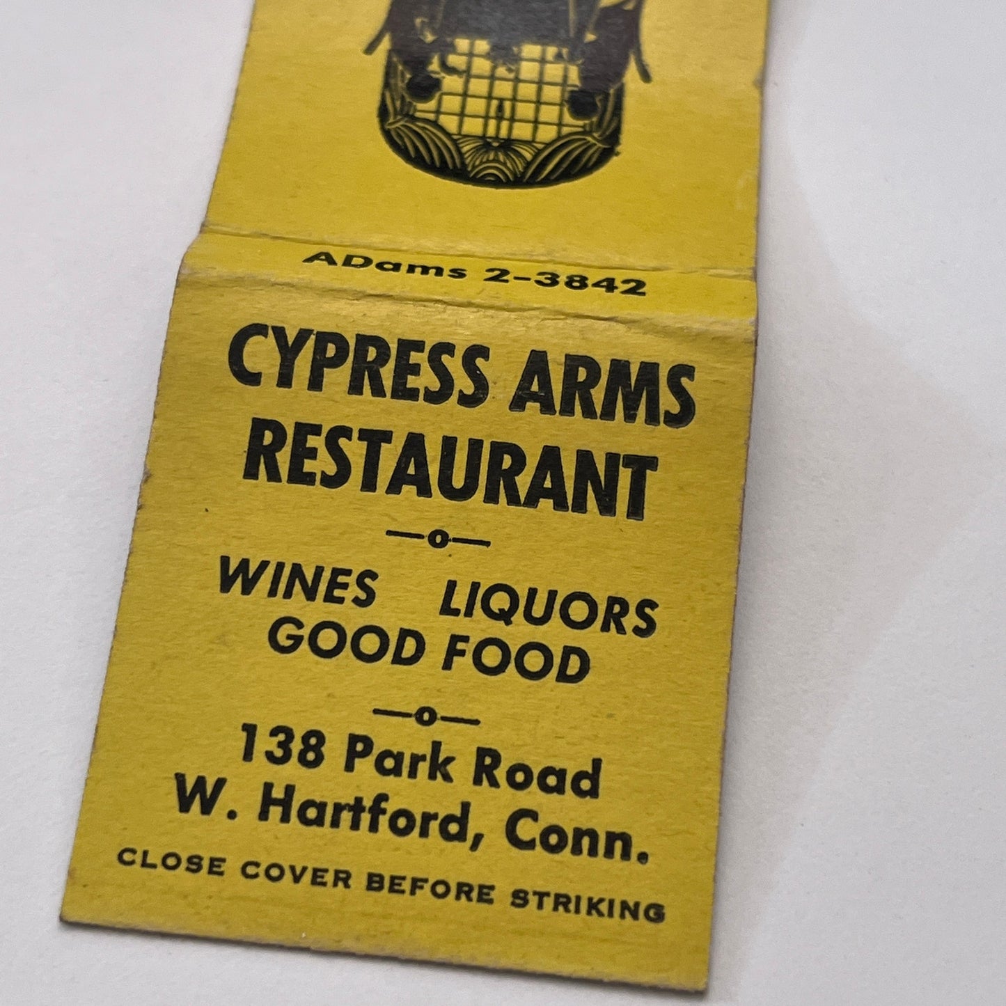Cypress Arms Restaurant 138 Park Road West Hartford CT Matchbook Cover TB8-MB-13