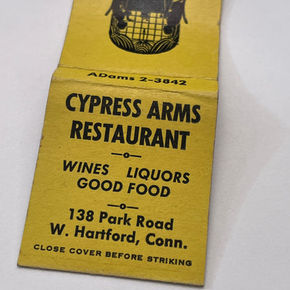 Cypress Arms Restaurant 138 Park Road West Hartford CT Matchbook Cover TB8-MB-13