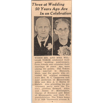Mr & Mrs William Yokie 50th Wedding Anniversary 1935 Minneapolis Article AE7-N4