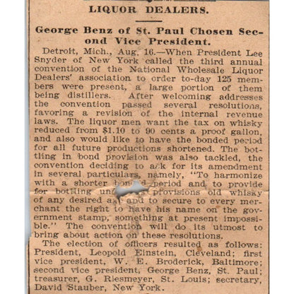 George Benz National Wholesale Liquor Association St. Paul 1898 Newspaper AF2-Q2