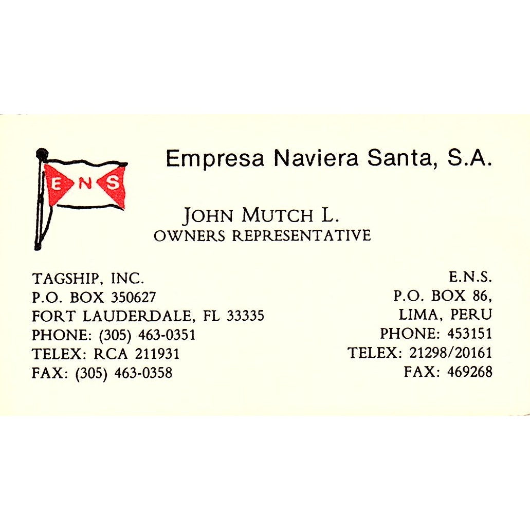 John Mutch L Empresa Naviera Santa SA Lima Peru Vintage Business Card SC9-B2