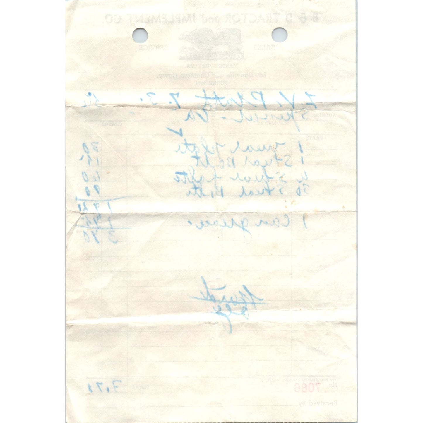 1956 B&D Tractor and Implement Co Ferguson System Martinsville Receipt AF1-RR5