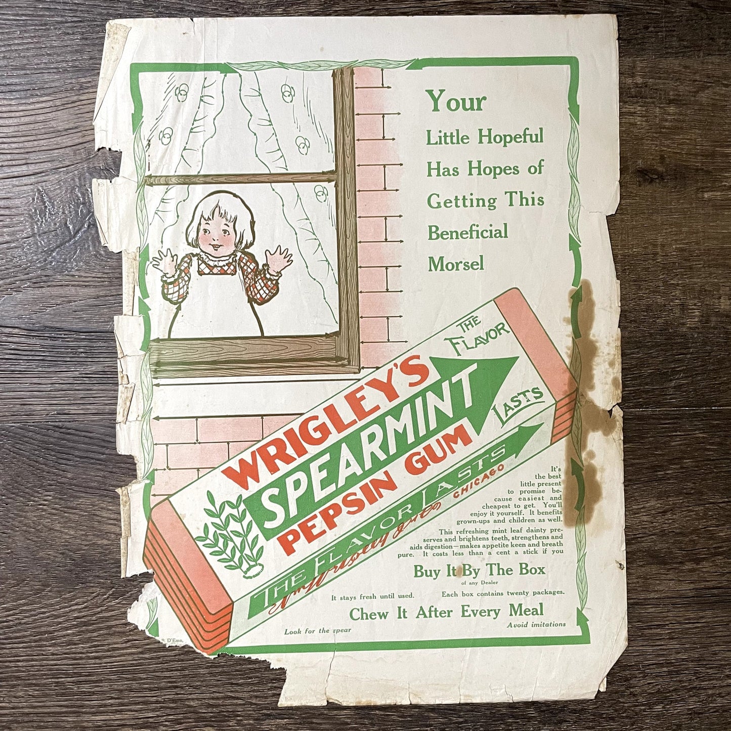 c1915 Wrigley's Spearmint Pepsin Gum Vintage Magazine Ad 10x14 V11