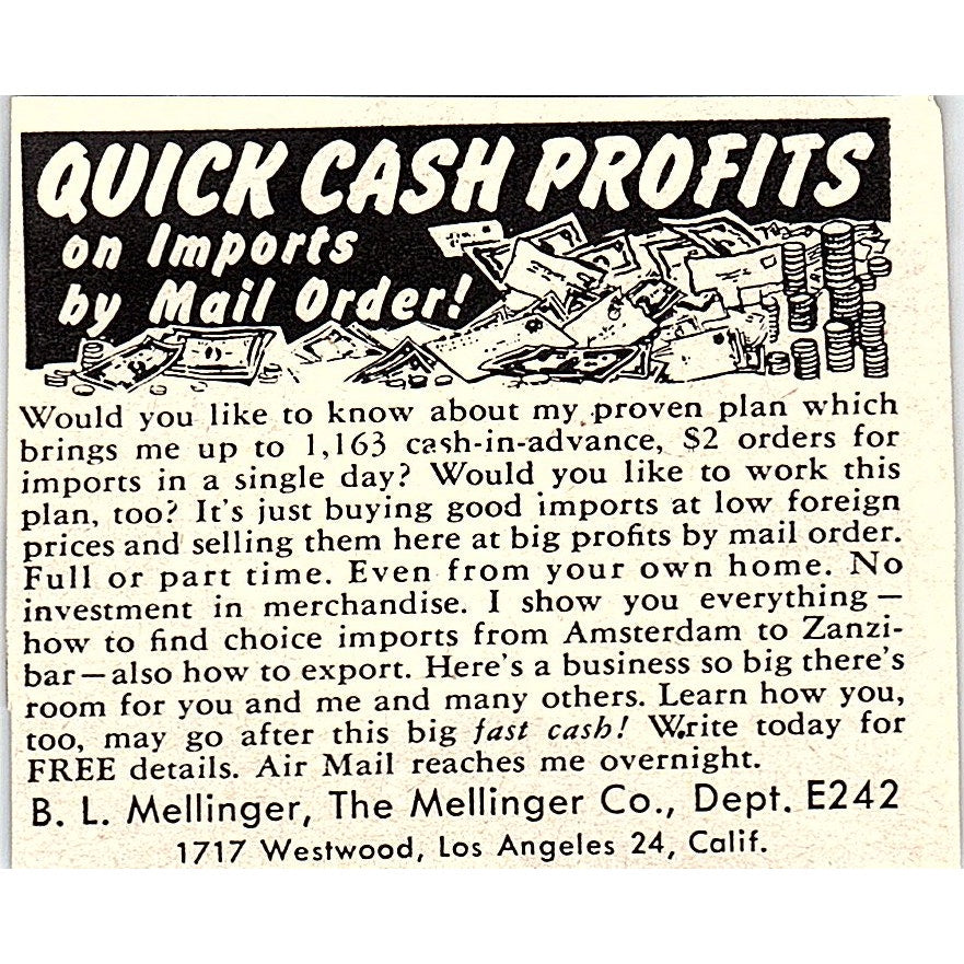 Quick Cash on Imports - B.L. Mellinger Co Los Angeles CA 1955 Ad AF9-M4