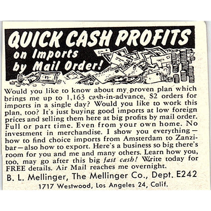 Quick Cash on Imports - B.L. Mellinger Co Los Angeles CA 1955 Ad AF9-M4