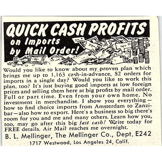 Quick Cash on Imports - B.L. Mellinger Co Los Angeles CA 1955 Ad AF9-M4
