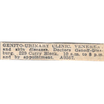 Genito-Urinary Clinic Dr Genoff Ginsburg 229 Curry Block Winnipeg 1920 Ad AG2-S6