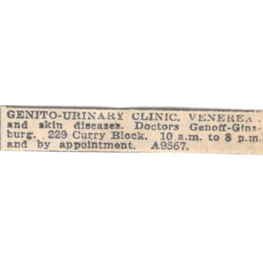 Genito-Urinary Clinic Dr Genoff Ginsburg 229 Curry Block Winnipeg 1920 Ad AG2-S6