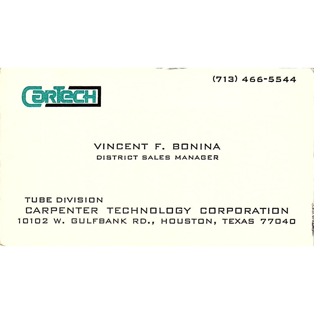 Vincent F Bonina CarTech Houston TX Vintage Business Card SD9-B3