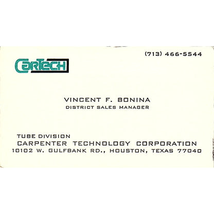 Vincent F Bonina CarTech Houston TX Vintage Business Card SD9-B3