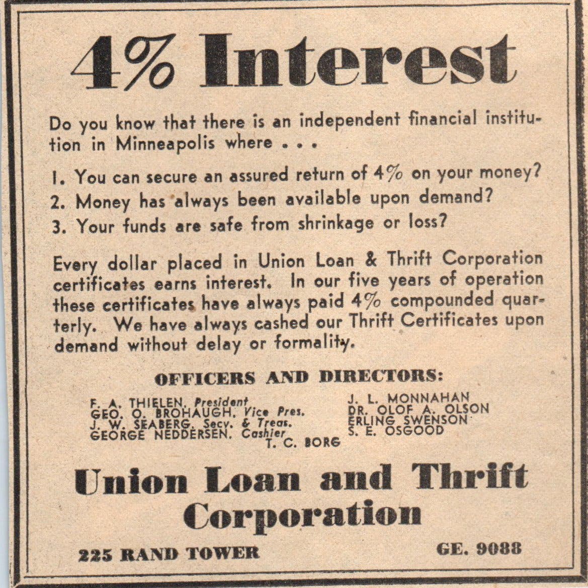 Union Loan and Thrift Co Rand Tower 3x4 1935 Minneapolis Journal Ad AE7-H1