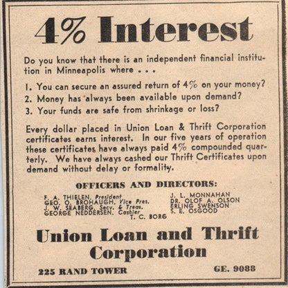 Union Loan and Thrift Co Rand Tower 3x4 1935 Minneapolis Journal Ad AE7-H1