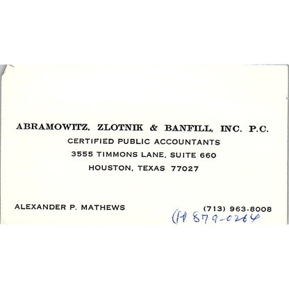 Alexander P Mathews CPA Abramowitz Zlotnik Banfill Houston Business Card SD9-B1