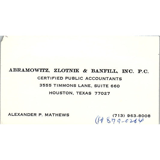 Alexander P Mathews CPA Abramowitz Zlotnik Banfill Houston Business Card SD9-B1