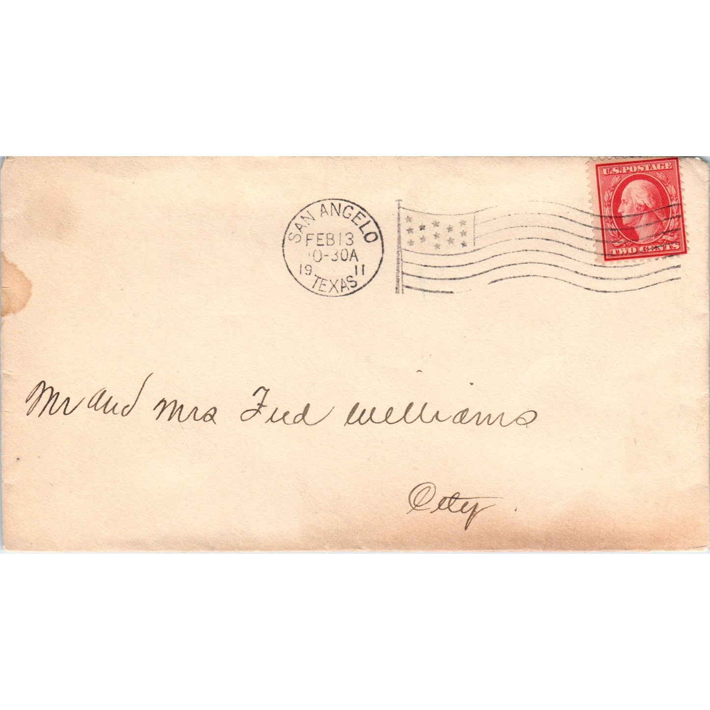 1911 San Angelo Texas to Fred Williams Postal Cover Envelope TG7-PC1