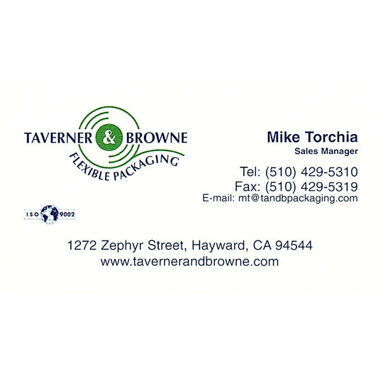 Mike Torchia Taverner & Browne Packaging Hayward CA Vtg Business Card SC9-B11