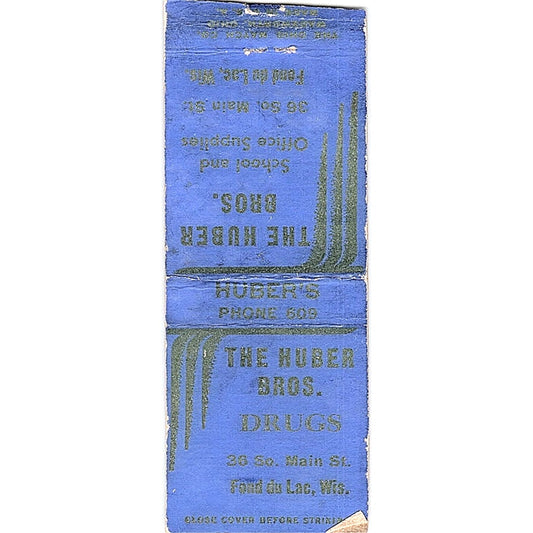 The Huber Bros Drugs Fond Du Lac WI Vintage Matchbook Cover SC7-Y9