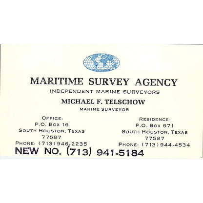 Maritime Survey Agency Michael F. Telschow Houston TX Business Card SSB4-B13