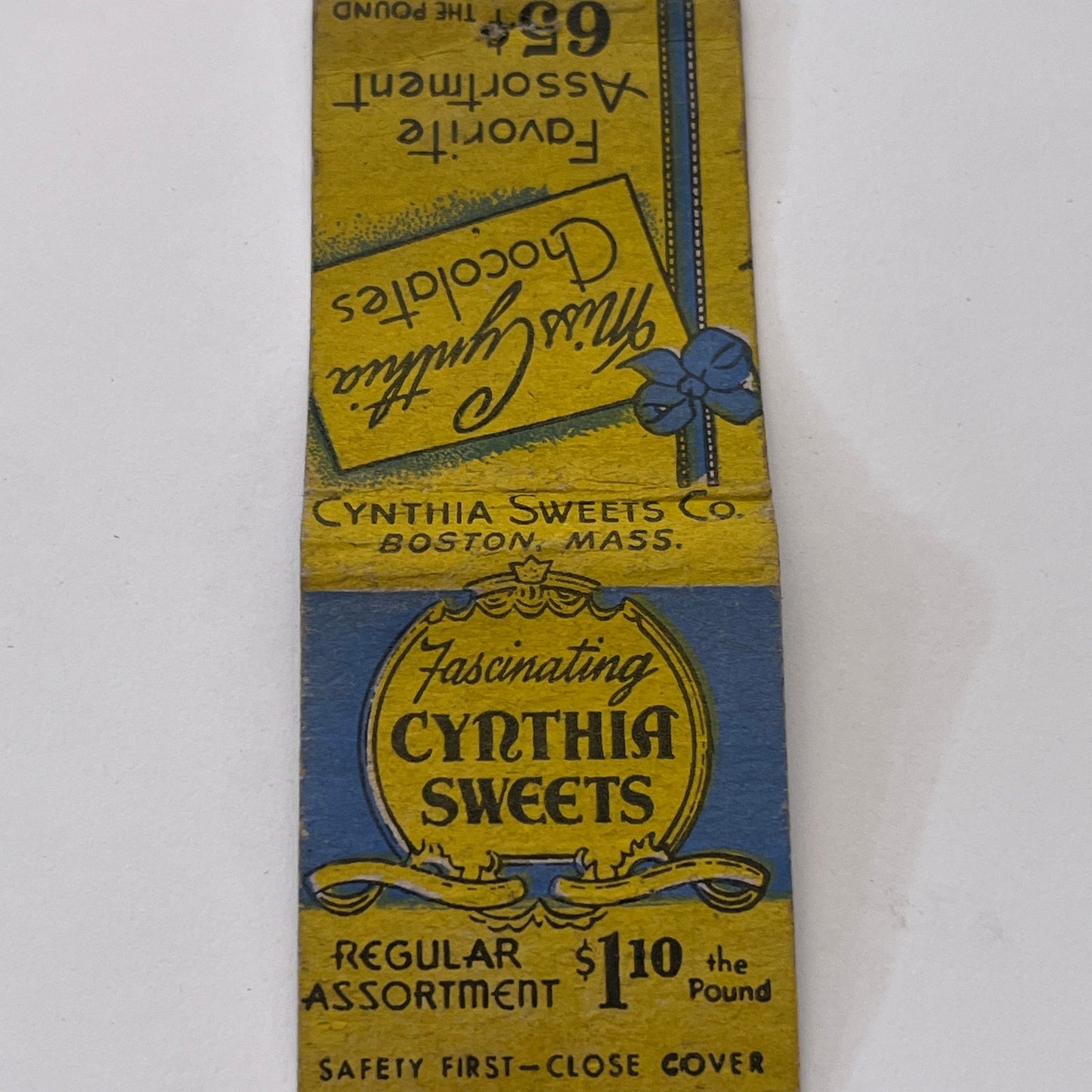 Miss Cynthia Sweets Co Chocolate Boston MA Vintage Matchbook Cover TB8-MB-13
