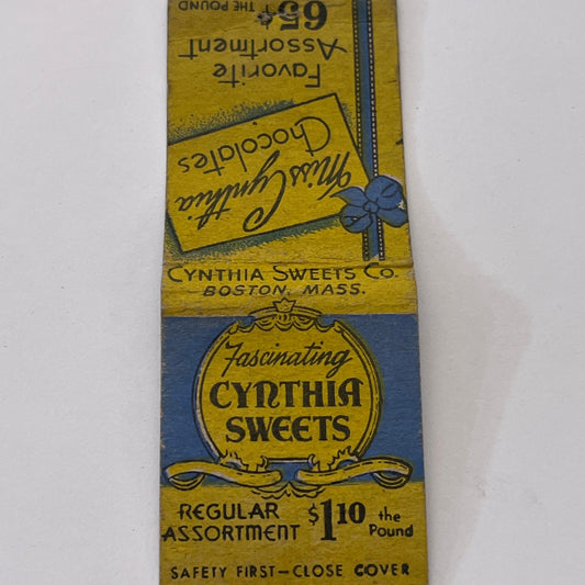 Miss Cynthia Sweets Co Chocolate Boston MA Vintage Matchbook Cover TB8-MB-13