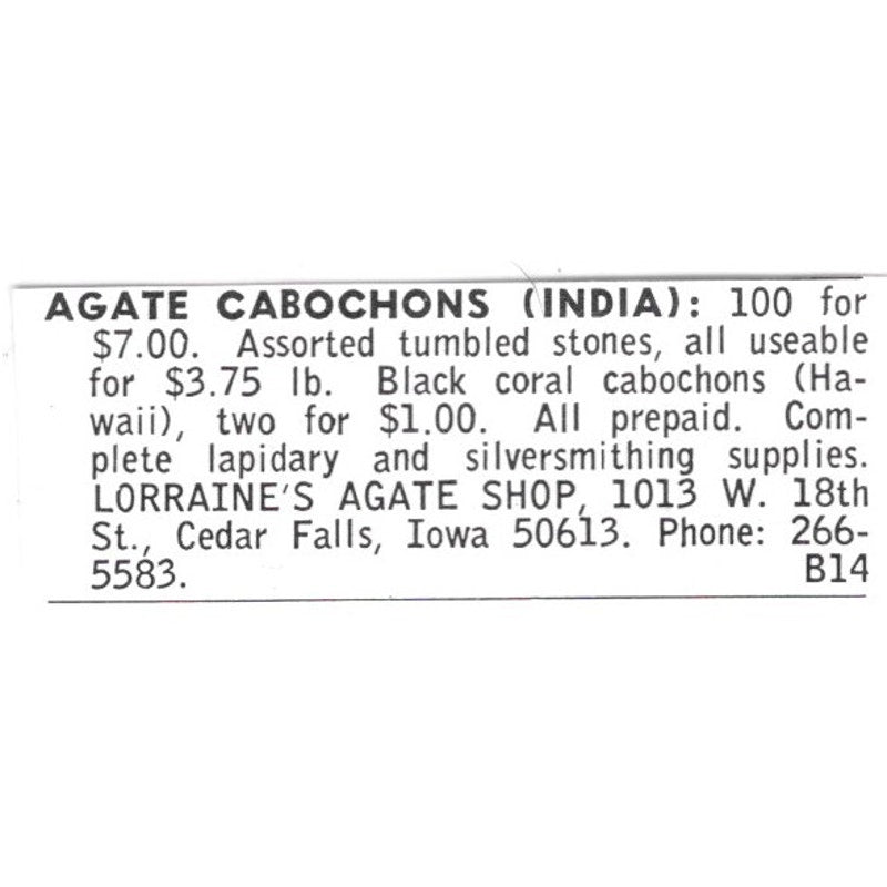 Lorraine's Agate Shop Cabochons Cedar Falls Iowa 1972 Ad AF8-S10