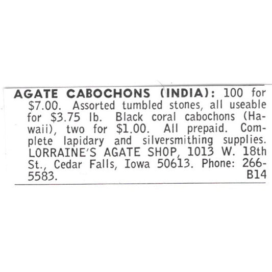 Lorraine's Agate Shop Cabochons Cedar Falls Iowa 1972 Ad AF8-S10