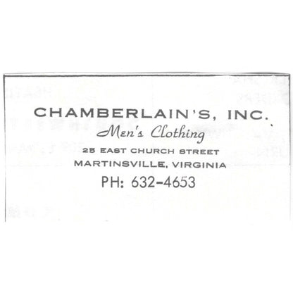 Chamberlain's Men's Clothing 25 East Church St Martinsville VA 1960s Ad AG2-S7