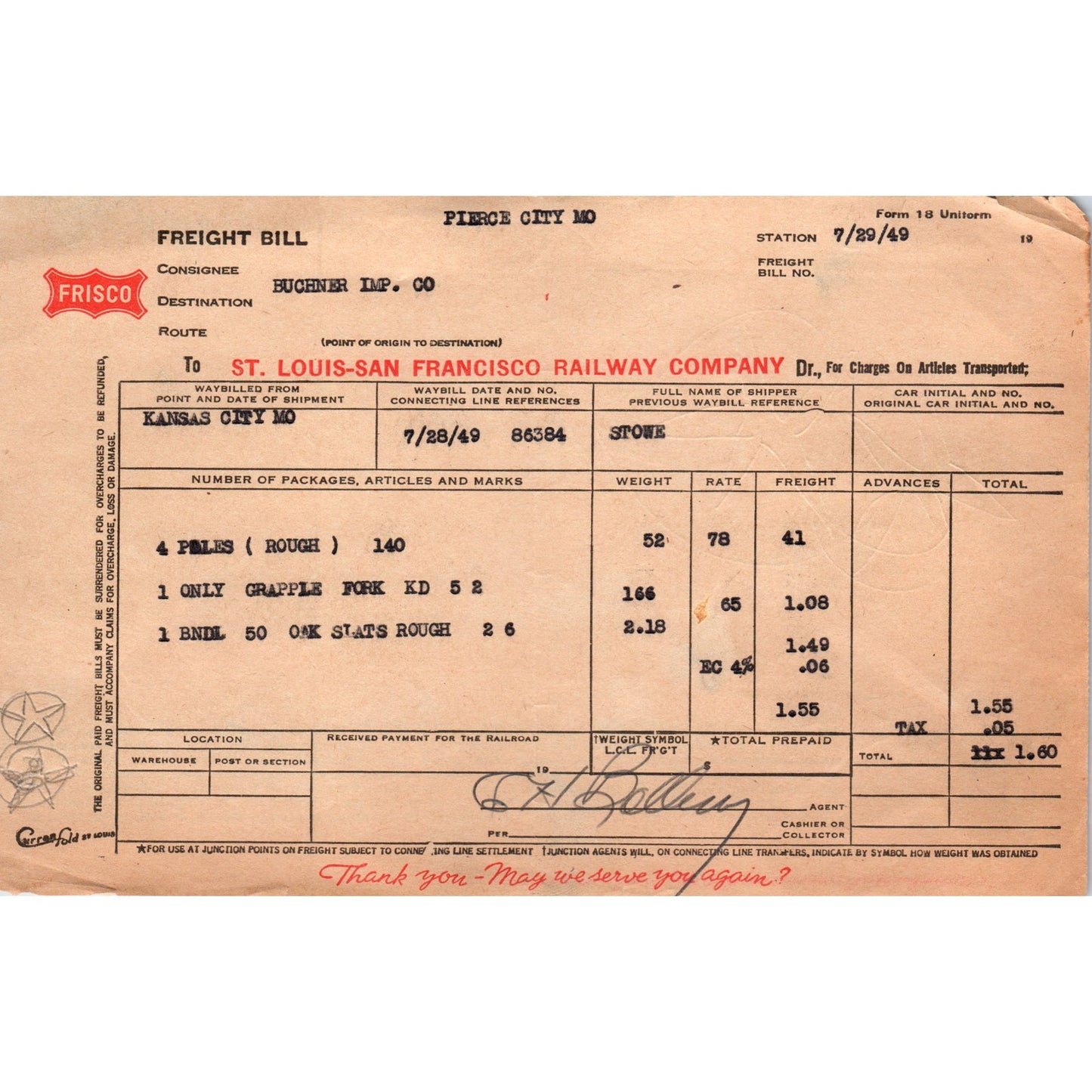 1949 St. Louis and San Francisco Railroad Freight Bill AD8-R7