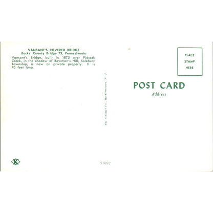 Vasant's Covered Bridge Bucks County 73 PA Vintage Covered Bridge Postcard PD3