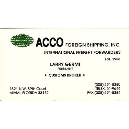 Acco Foreign Shipping Larry Germi Miami FL Vintage Business Card SC9-B3