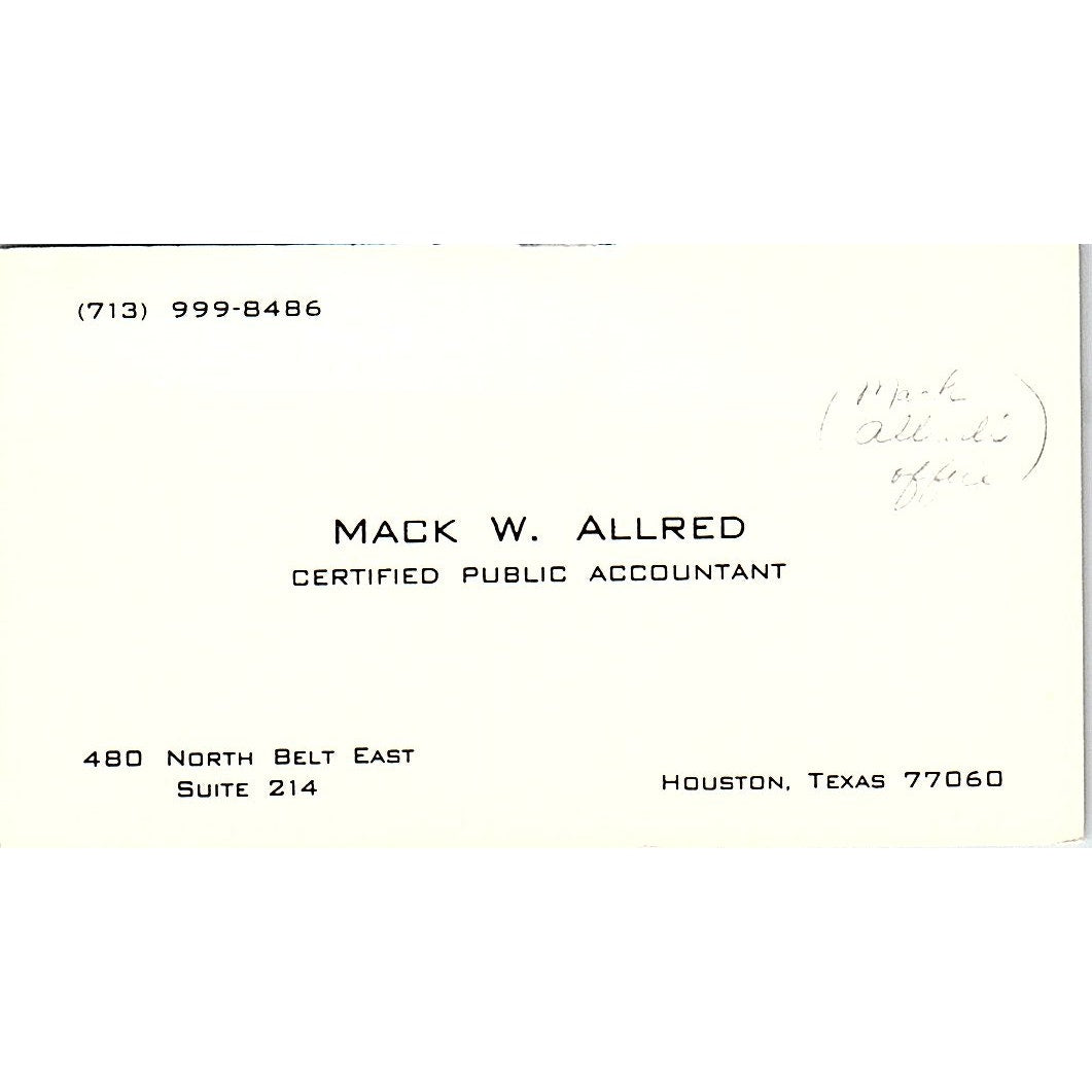 Mack W Allred CPA Houston TX Vintage Business Card SD9-B1