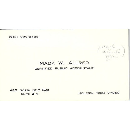 Mack W Allred CPA Houston TX Vintage Business Card SD9-B1